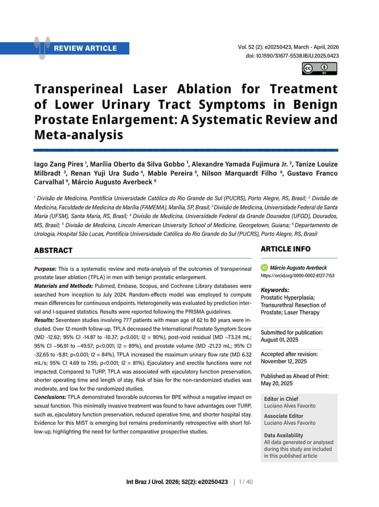 Primeira página do artigo: Transperineal Laser Ablation for Treatment of Lower Urinary Tract Symptoms in Benign Prostate Enlargement: A Systematic Review and Meta-analysis