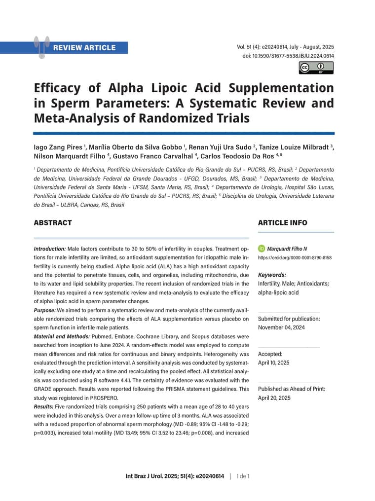Primeira página do artigo: Efficacy of Alpha Lipoic Acid Supplementation in Sperm Parameters: A Systematic Review and Meta-Analysis of Randomized Trials