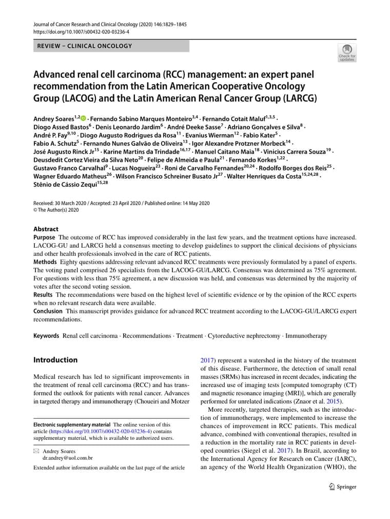 Primeira página do artigo: Advanced renal cell carcinoma (RCC) management: an expert panel recommendation from the Latin American Cooperative Oncology Group (LACOG) and the Latin American Renal Cancer Group (LARCG)