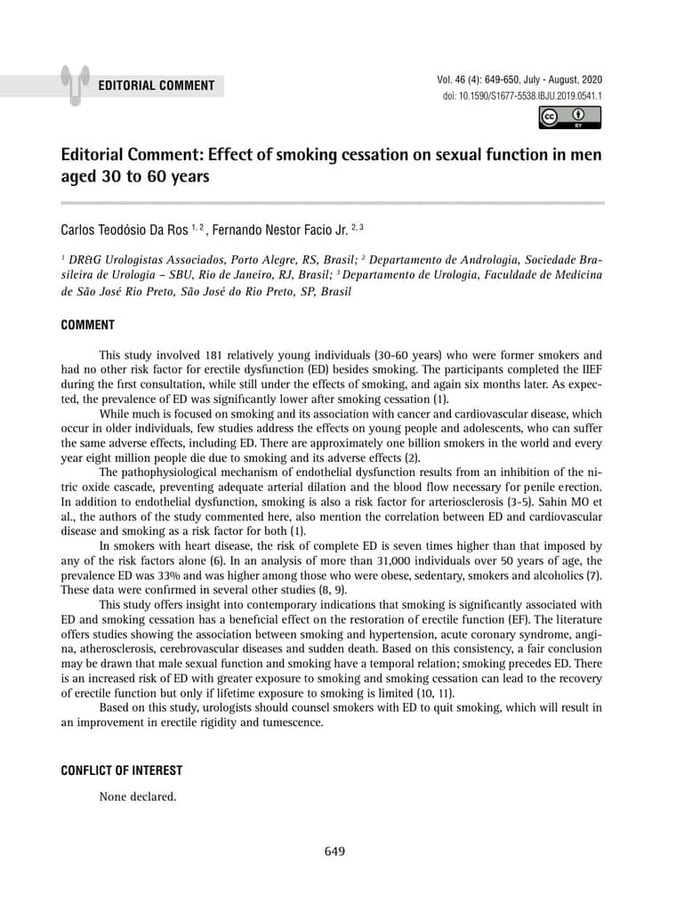 Primeira página do artigo: Editorial Comment: Effect of smoking cessation on sexual function in men aged 30 to 60 years