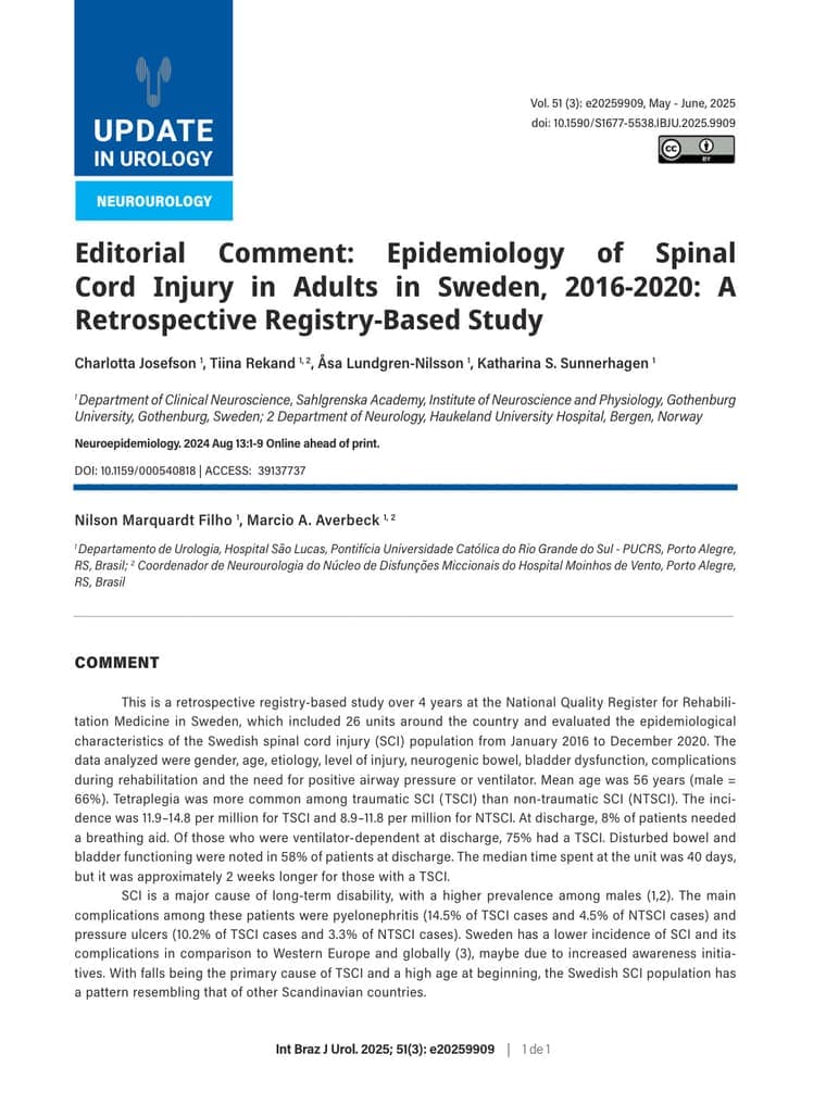 Primeira página do artigo: Editorial Comment: Epidemiology of Spinal Cord Injury in Adults in Sweden, 2016-2020: A Retrospective Registry-Based Study