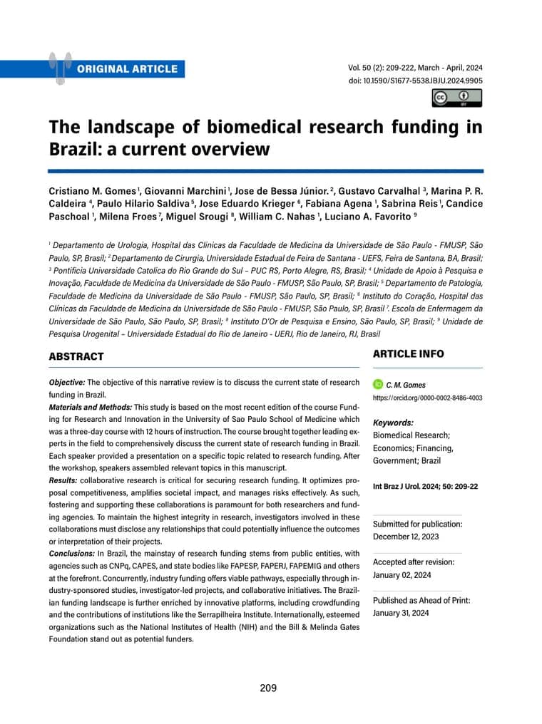 Primeira página do artigo: The landscape of biomedical research funding in Brazil: a current overview