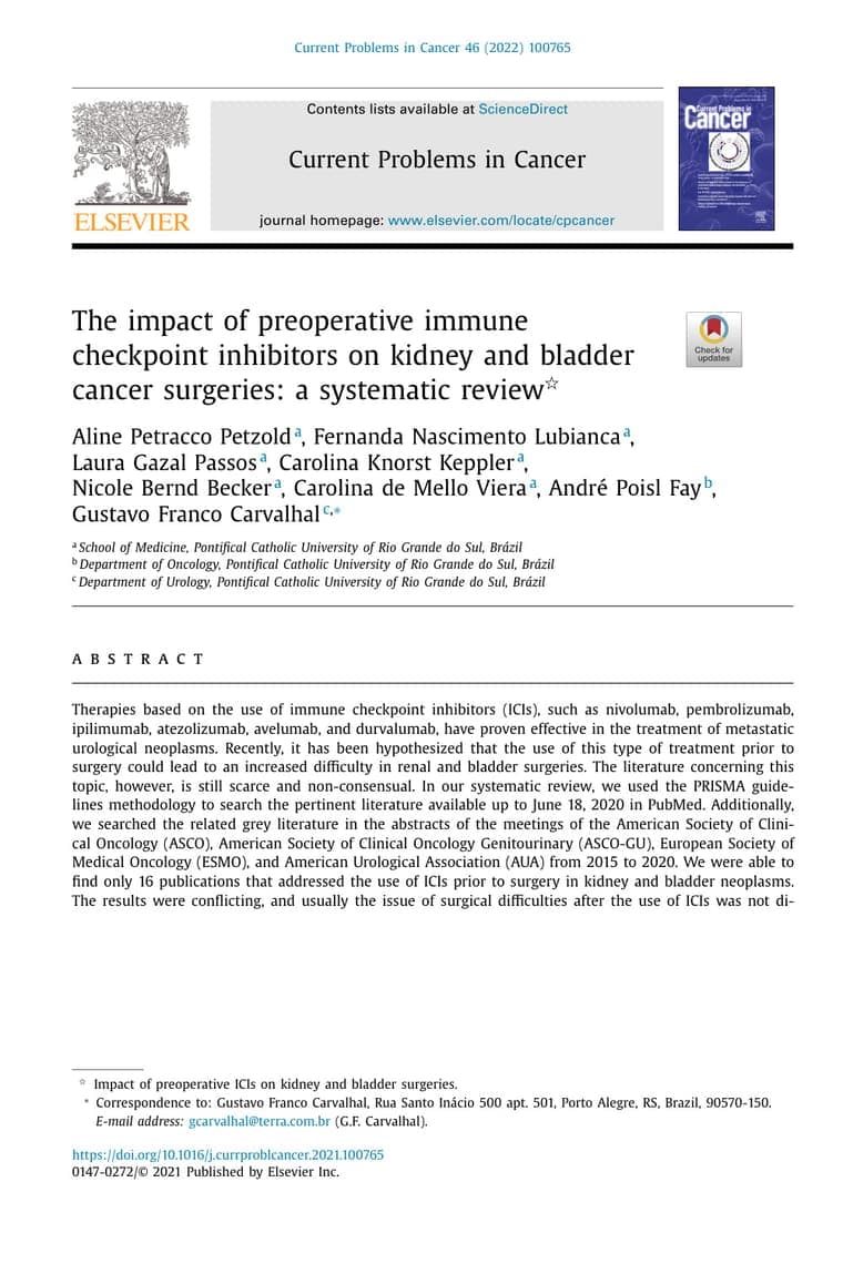 Primeira página do artigo: The impact of preoperative immune checkpoint inhibitors on kidney and bladder cancer surgeries: a systematic review☆