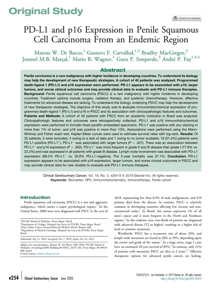 Primeira página do artigo: PD-L1 and p16 Expression in Penile Squamous Cell Carcinoma From an Endemic Region