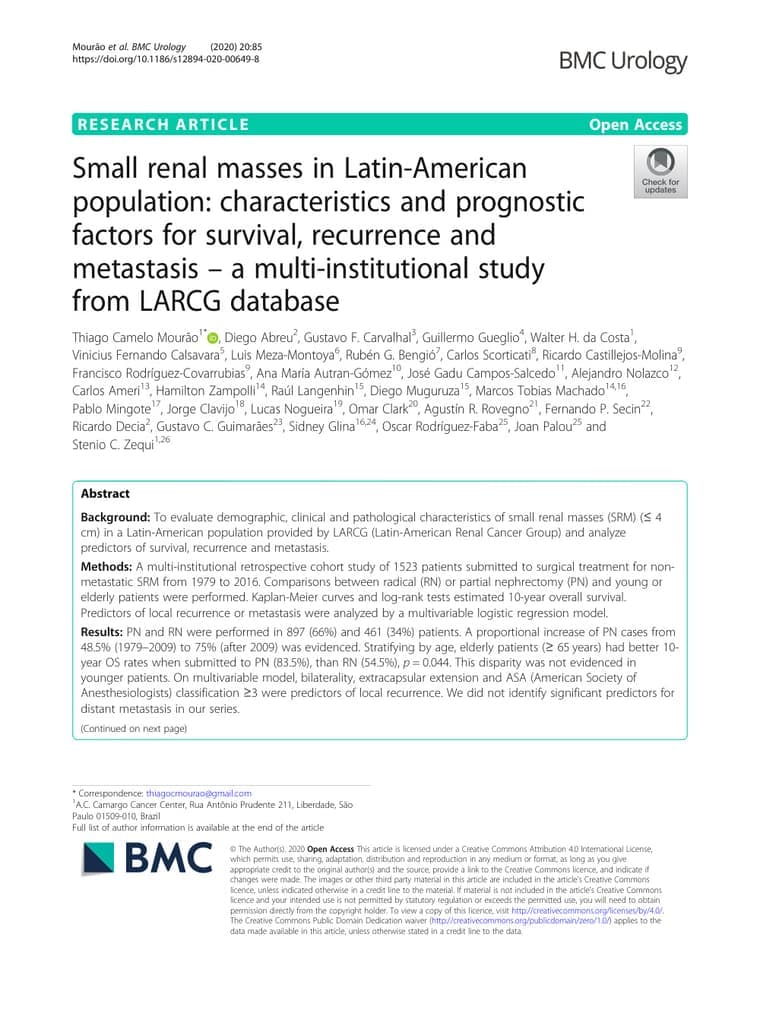 Primeira página do artigo: Small renal masses in Latin-American population: characteristics and prognostic factors for survival, recurrence and metastasis – a multi-institutional study from LARCG database