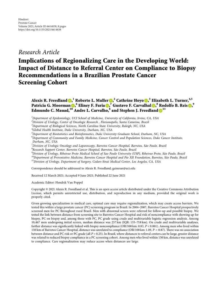 Primeira página do artigo: Implications of Regionalizing Care in the Developing World: Impact of Distance to Referral Center on Compliance to Biopsy Recommendations in a Brazilian Prostate Cancer Screening Cohort